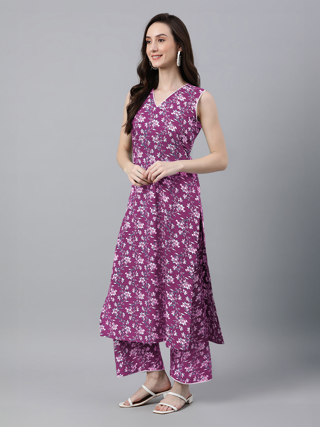 Purple Pure Cotton Floral Printed Straight Kurta Set