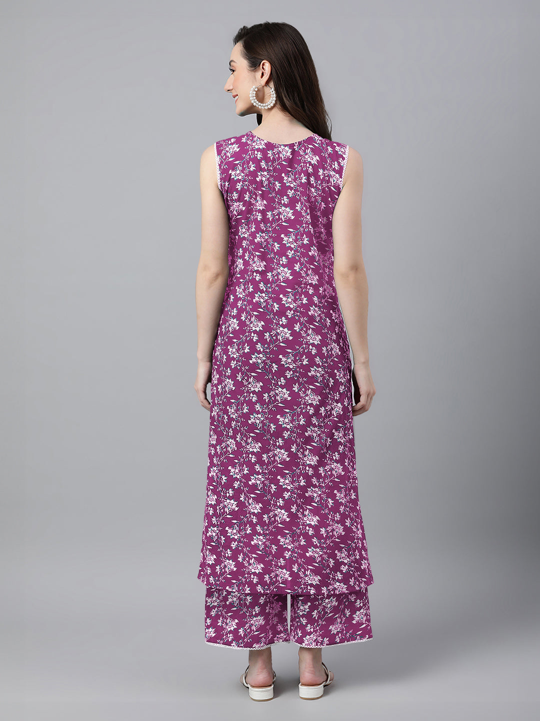 Purple Pure Cotton Floral Printed Straight Kurta Set