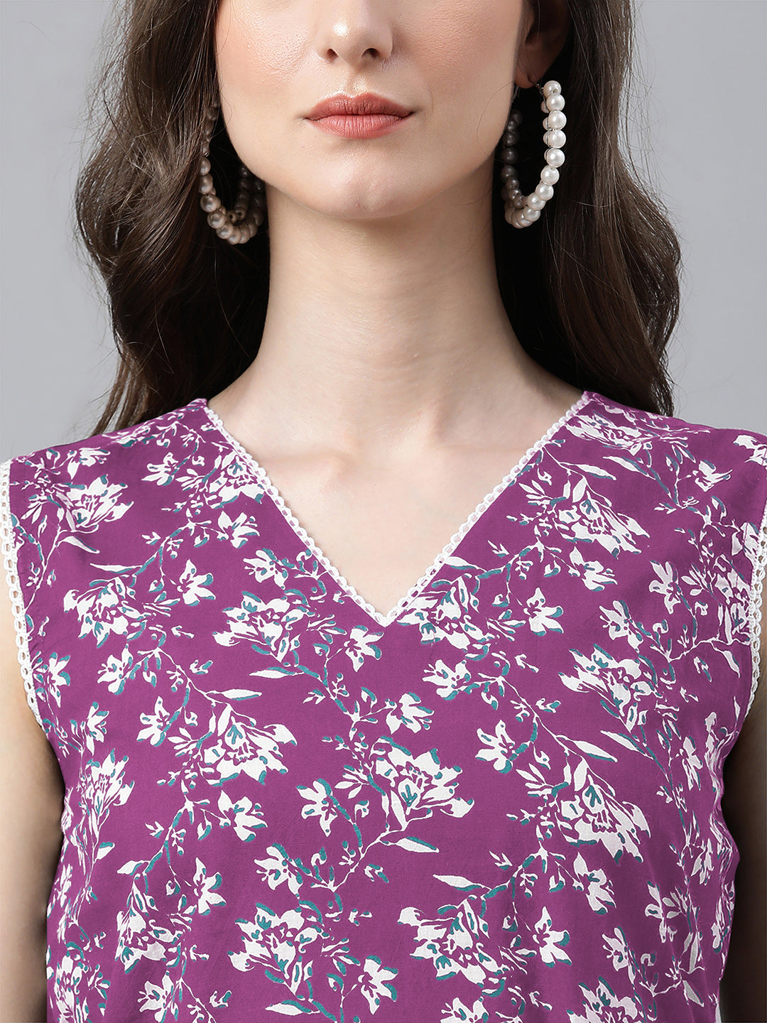 Purple Pure Cotton Floral Printed Straight Kurta Set