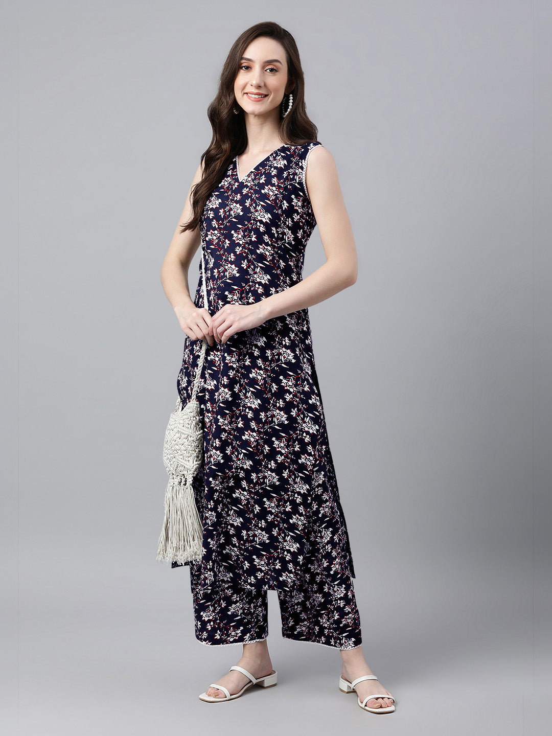 Navy Blue Pure Cotton Floral Printed A-Line Co-Ord Set