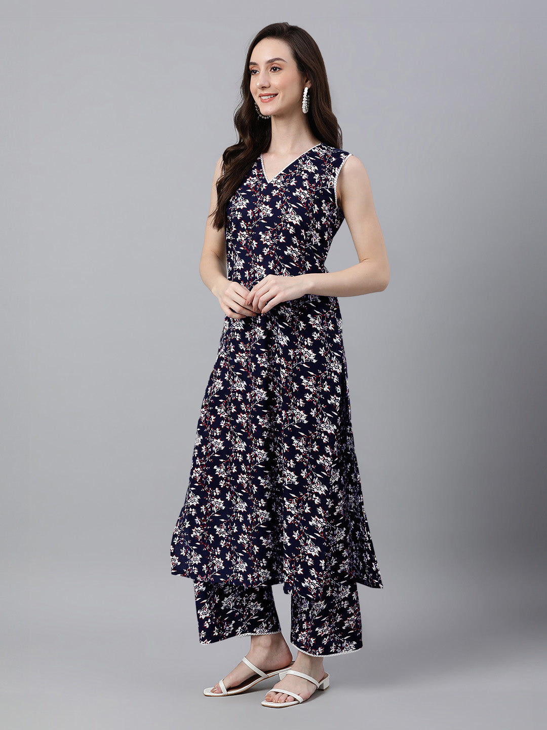 Navy Blue Pure Cotton Floral Printed A-Line Co-Ord Set