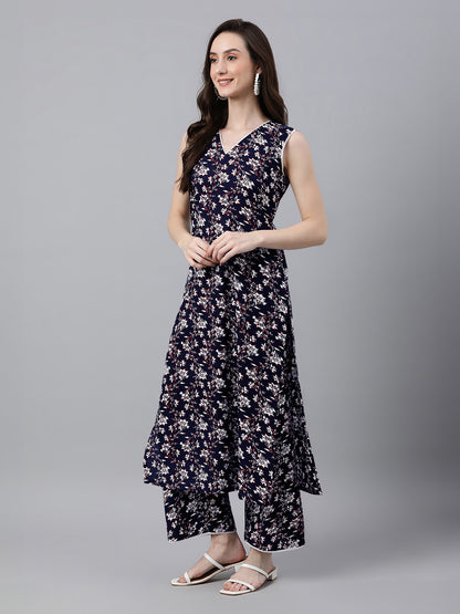 Navy Blue Pure Cotton Floral Printed A-Line Co-Ord Set