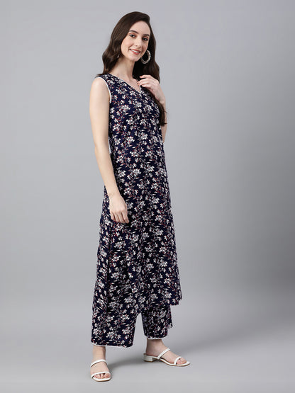 Navy Blue Pure Cotton Floral Printed A-Line Co-Ord Set