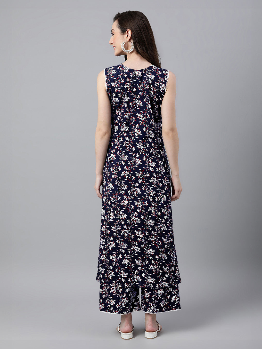 Navy Blue Pure Cotton Floral Printed A-Line Co-Ord Set