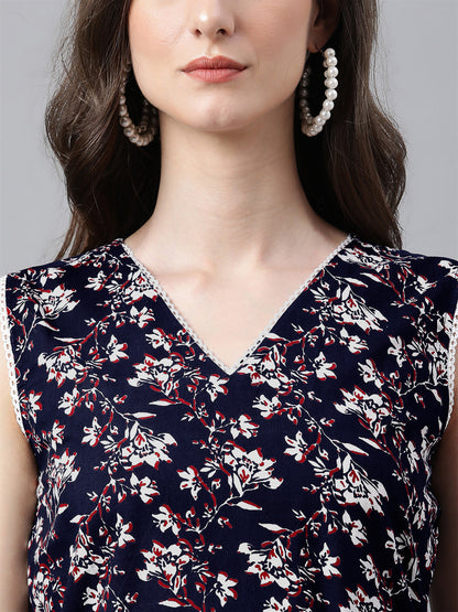 Navy Blue Pure Cotton Floral Printed A-Line Co-Ord Set