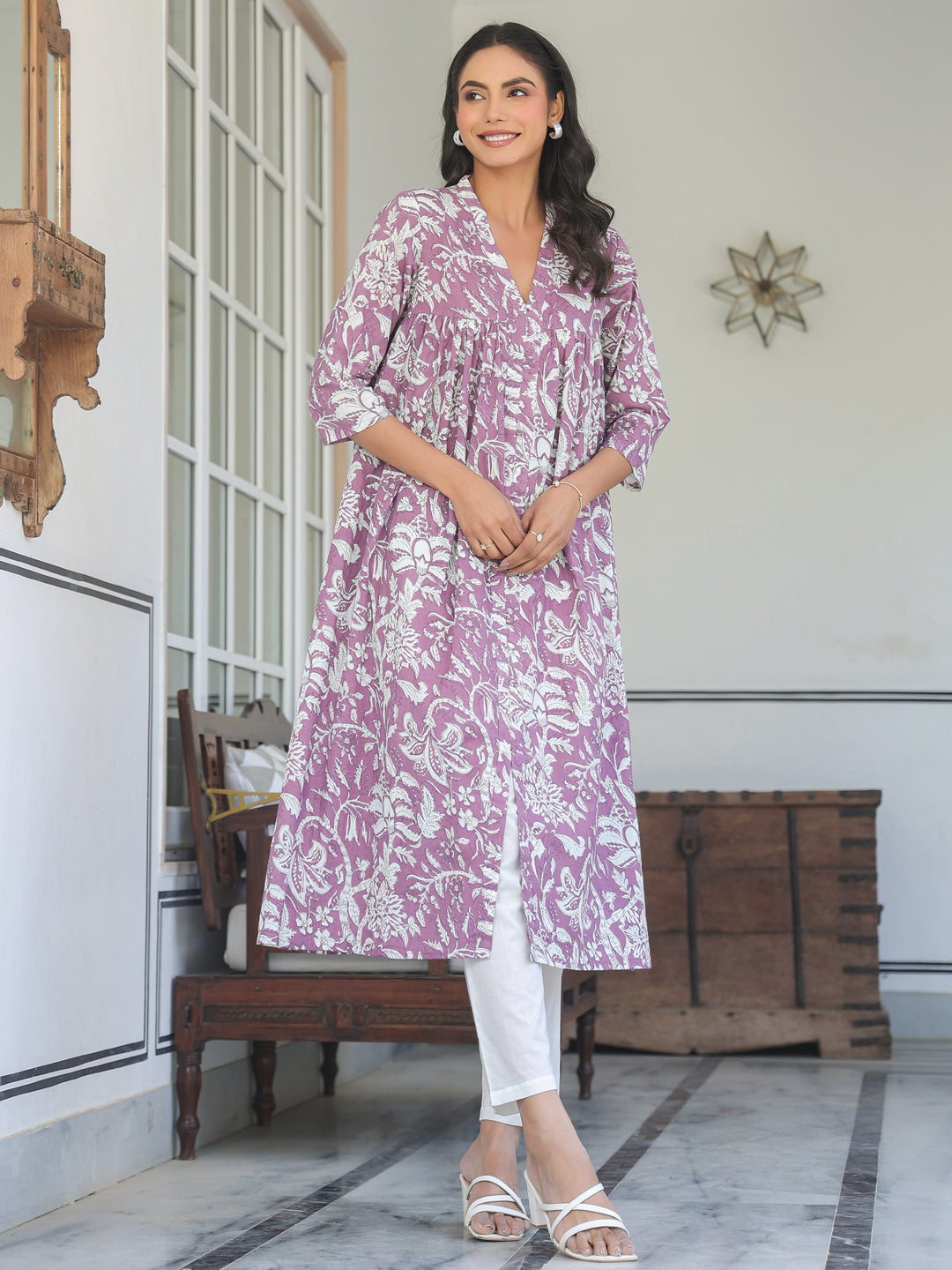 Purple Pure Cotton Floral Printed Flared Kurta