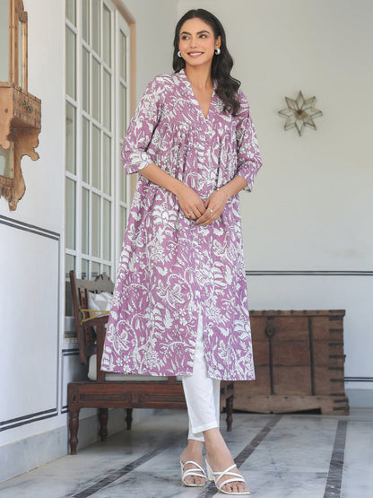 Purple Pure Cotton Floral Printed Flared Kurta