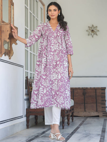 Purple Pure Cotton Floral Printed Flared Kurta