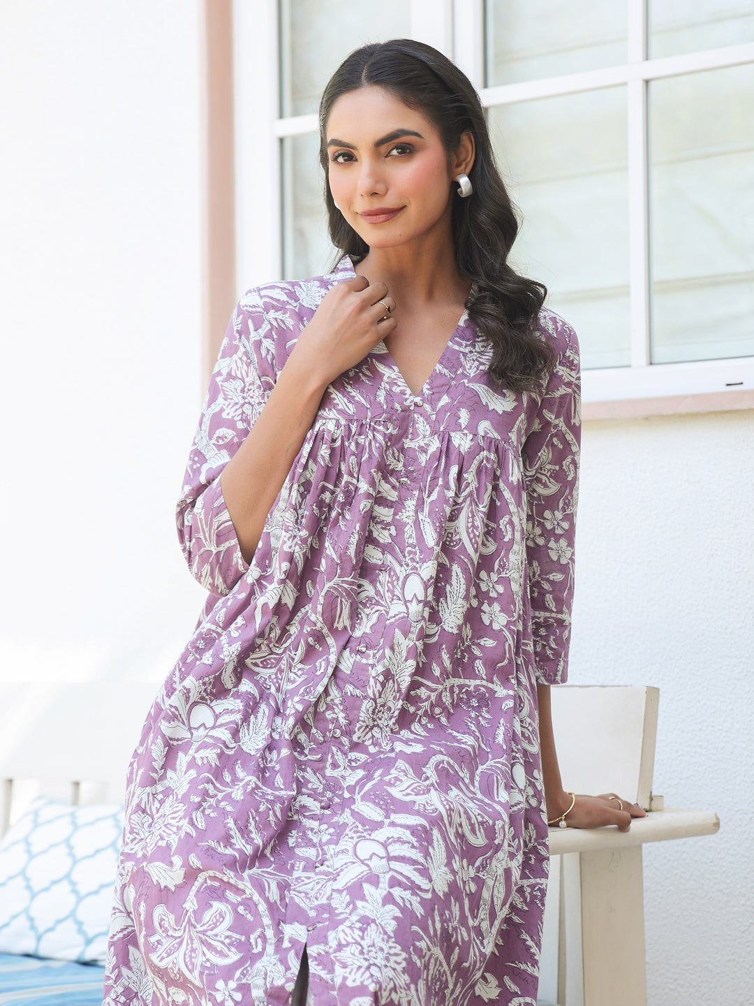 Purple Pure Cotton Floral Printed Flared Kurta