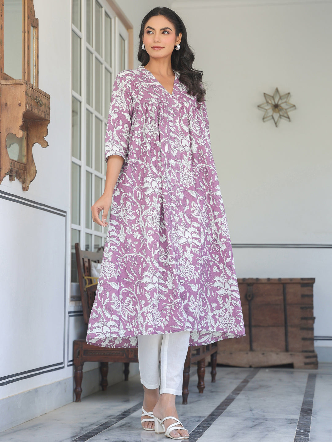 Purple Pure Cotton Floral Printed Flared Kurta