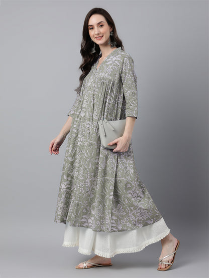 Light Green Pure Cotton Floral Printed Flared Kurta