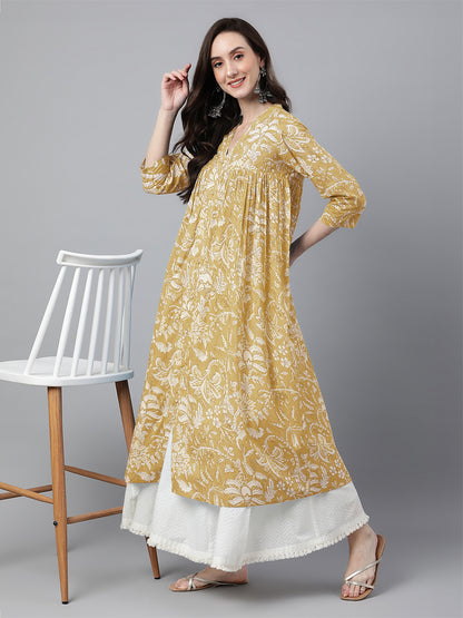 Mustard Pure Cotton Floral Printed Flared Kurta