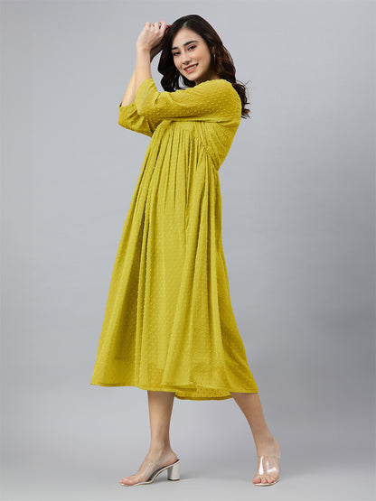 Mustard Dobby Chiffon Self Design Flared Kurta