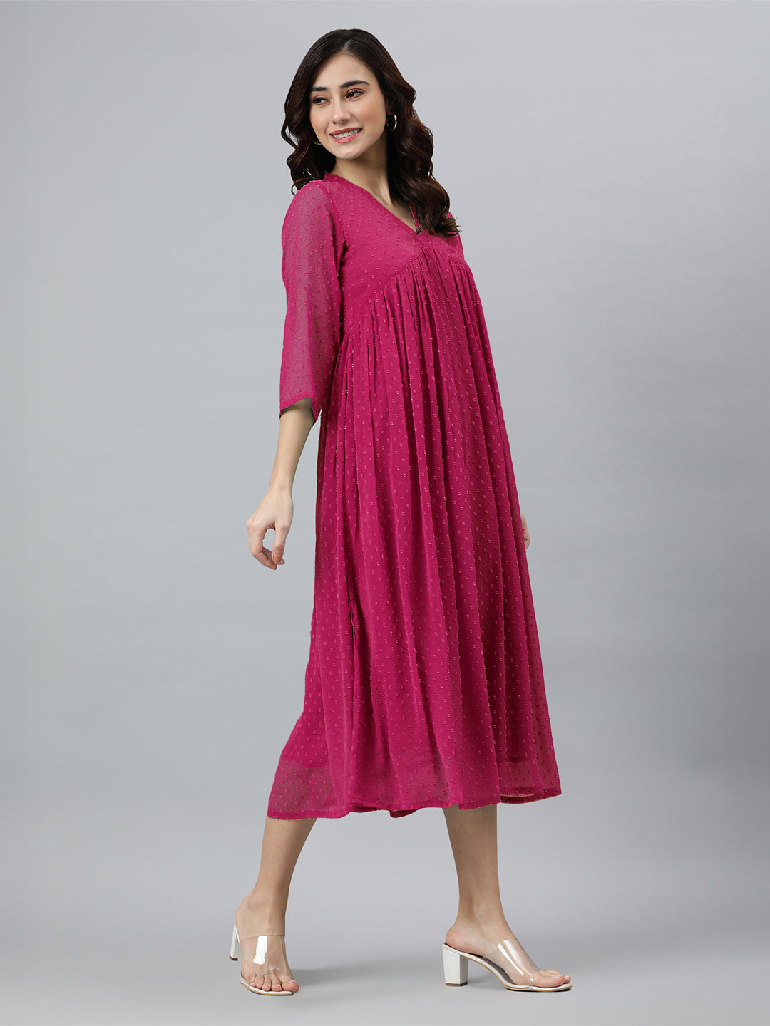 Rani Pink Dobby Chiffon Self Design Flared Kurta