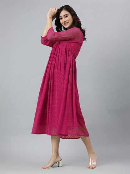 Rani Pink Dobby Chiffon Self Design Flared Kurta