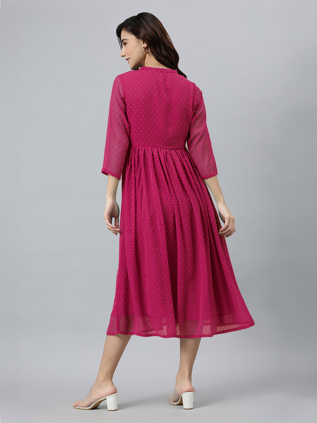 Rani Pink Dobby Chiffon Self Design Flared Kurta