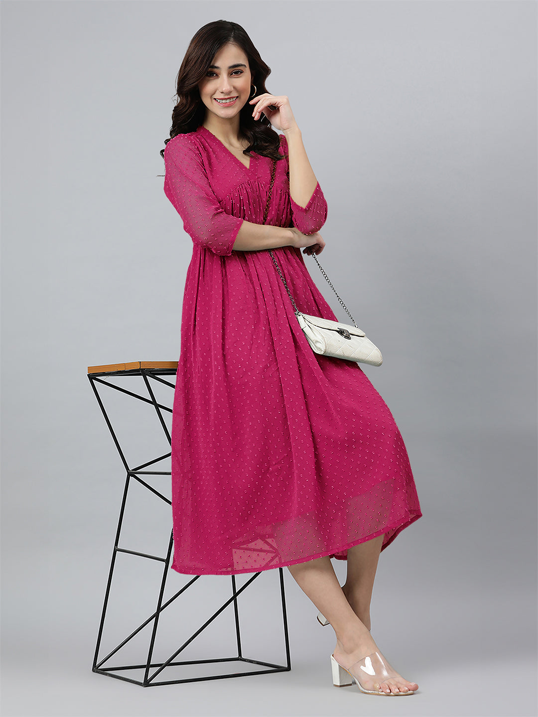 Rani Pink Dobby Chiffon Self Design Flared Kurta