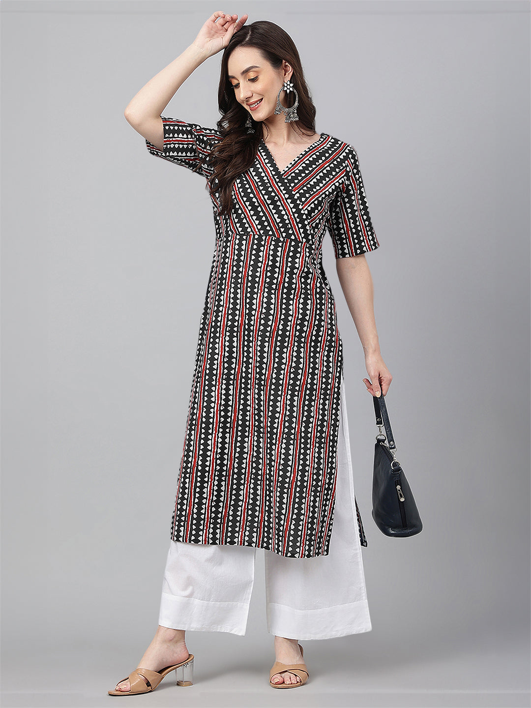 Black Cotton Geometric Printed Straight Kurta