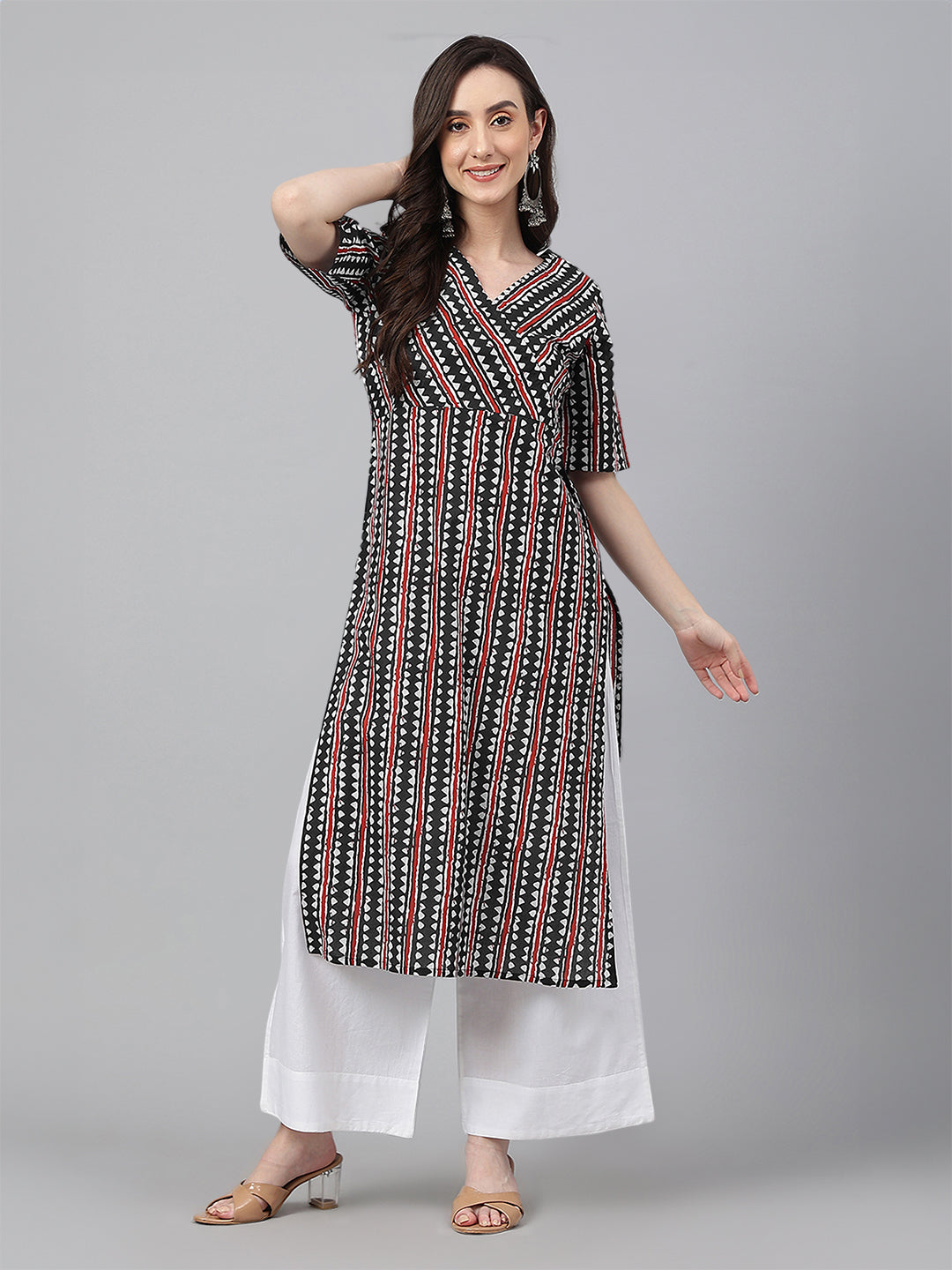 Black Cotton Geometric Printed Straight Kurta