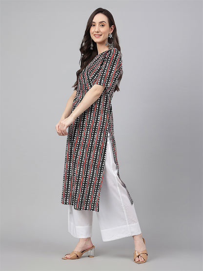 Black Cotton Geometric Printed Straight Kurta