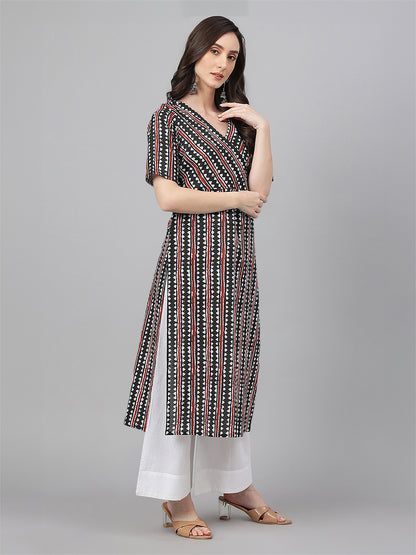 Black Cotton Geometric Printed Straight Kurta