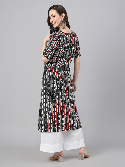 Black Cotton Geometric Printed Straight Kurta