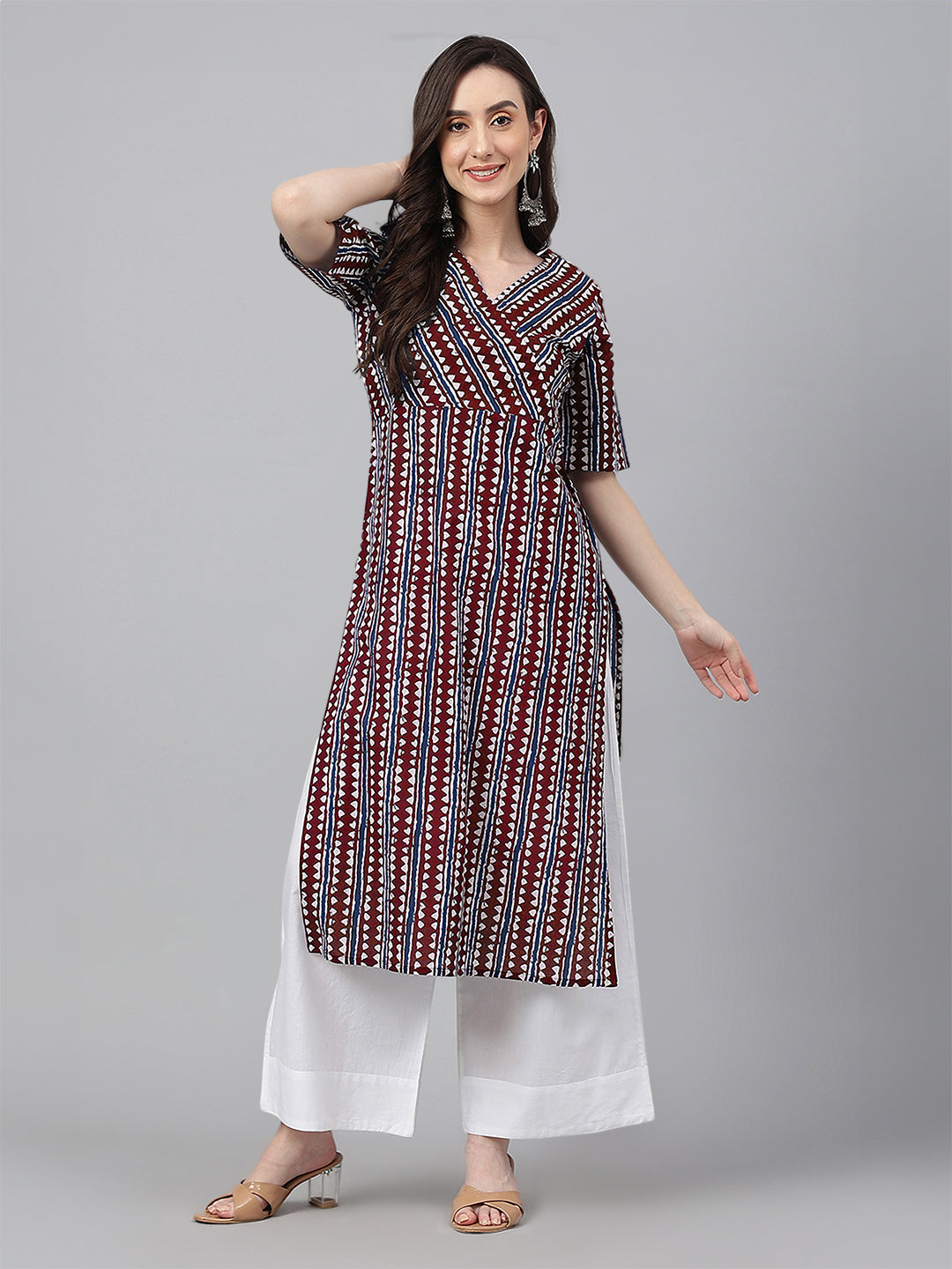 Maroon Pure Cotton Geometric Printed Straight Kurta