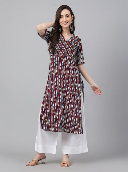 Maroon Pure Cotton Geometric Printed Straight Kurta