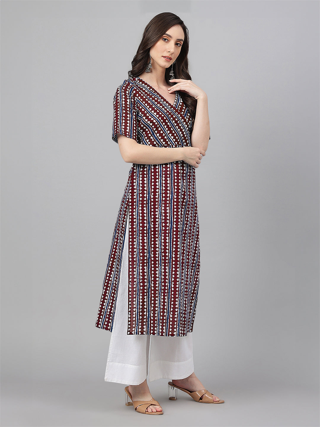 Maroon Pure Cotton Geometric Printed Straight Kurta