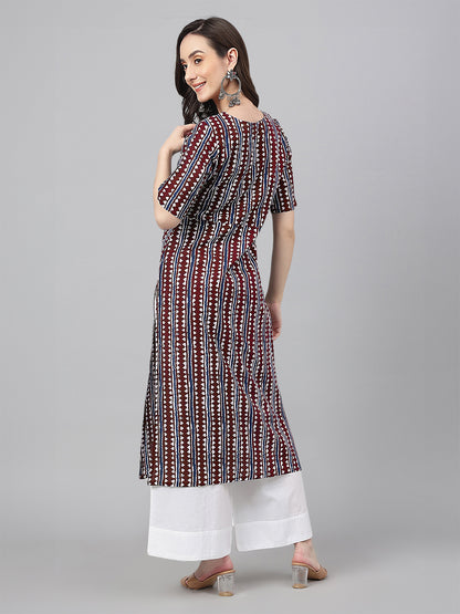 Maroon Pure Cotton Geometric Printed Straight Kurta