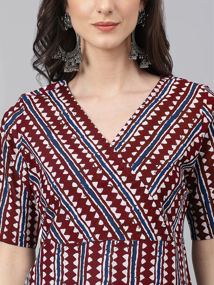 Maroon Pure Cotton Geometric Printed Straight Kurta