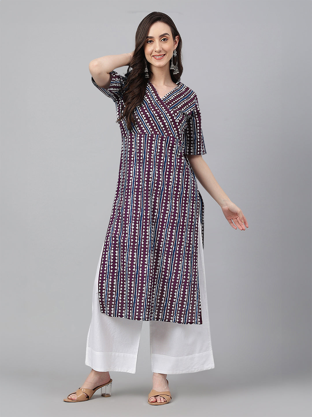 Wine Pure Cotton Geometric Printed Straight Kurta