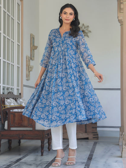 Blue Chiffon Lurex Floral Printed A-line Kurta