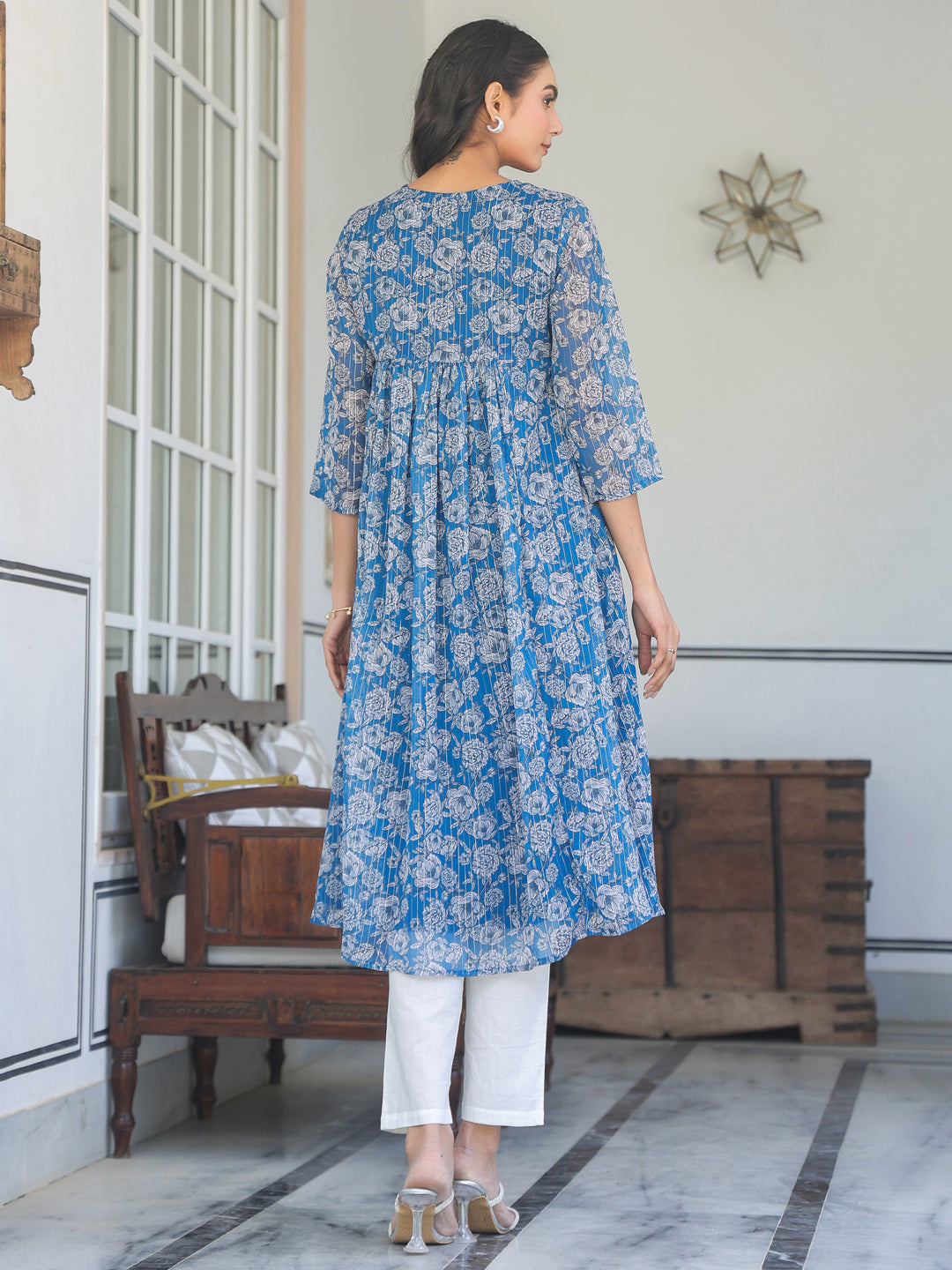 Blue Chiffon Lurex Floral Printed A-line Kurta
