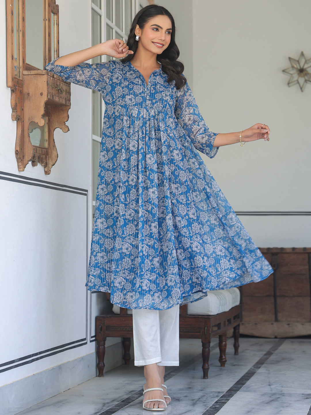 Blue Chiffon Lurex Floral Printed A-line Kurta