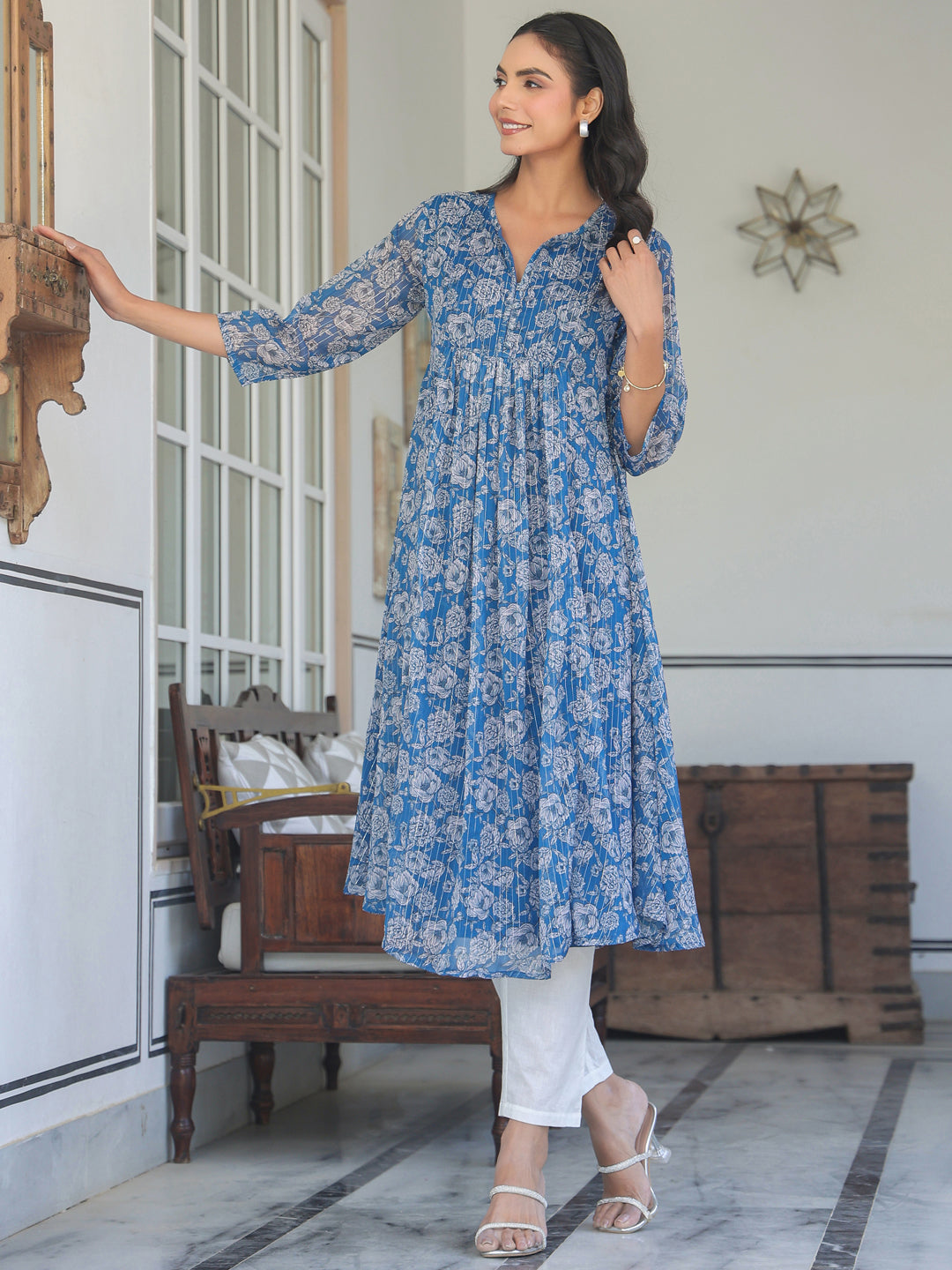 Blue Chiffon Lurex Floral Printed A-line Kurta