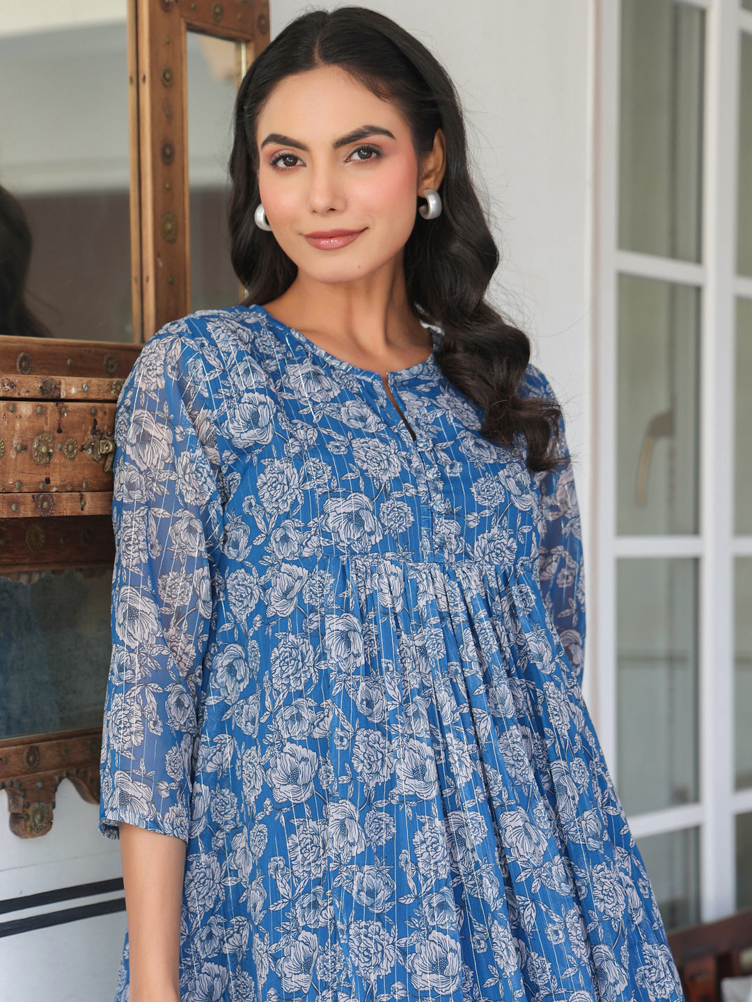 Blue Chiffon Lurex Floral Printed A-line Kurta
