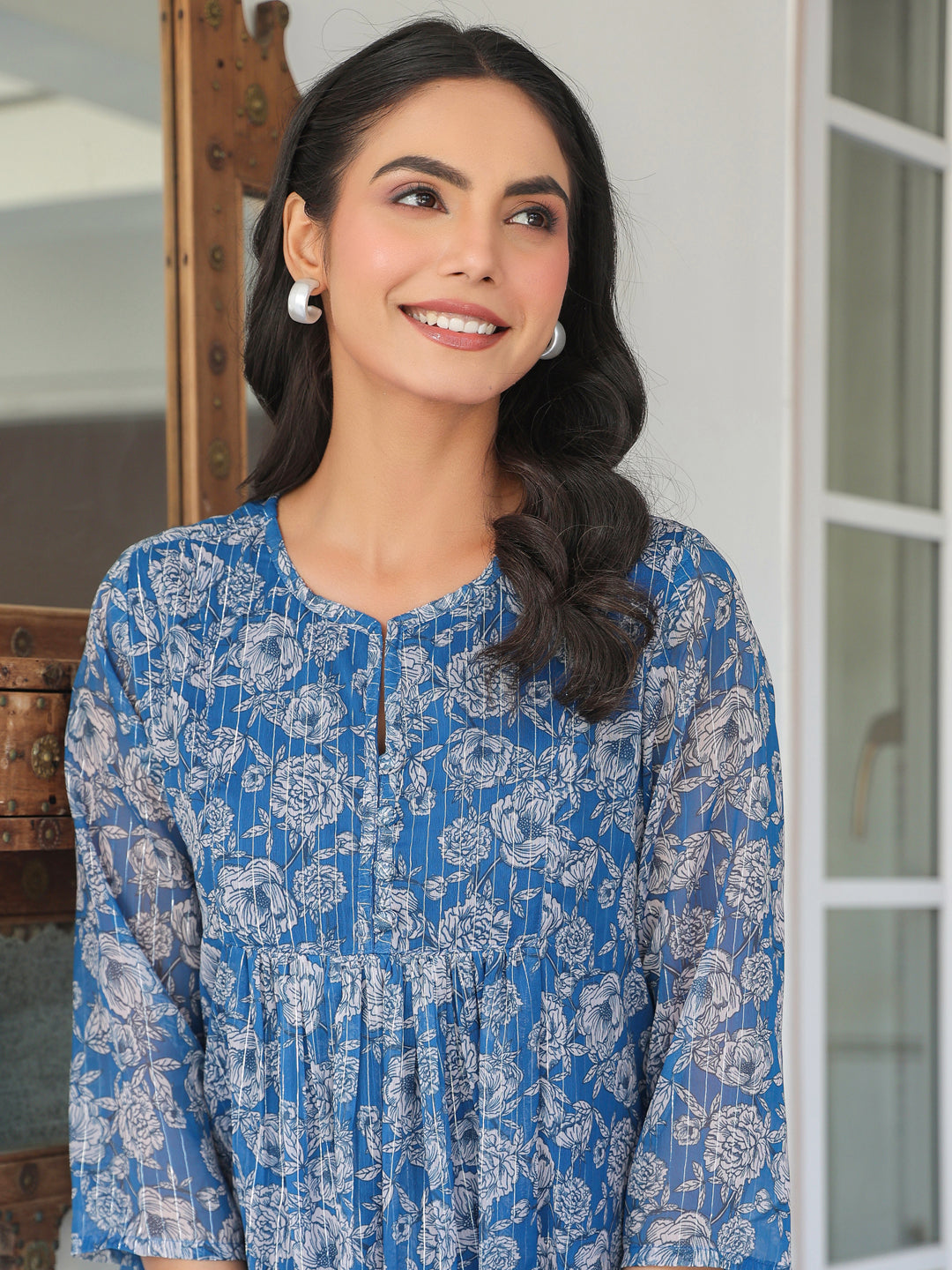 Blue Chiffon Lurex Floral Printed A-line Kurta