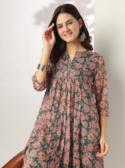Janasya Women's Dark Green Chiffon Lurex Floral Printed A-line Kurta