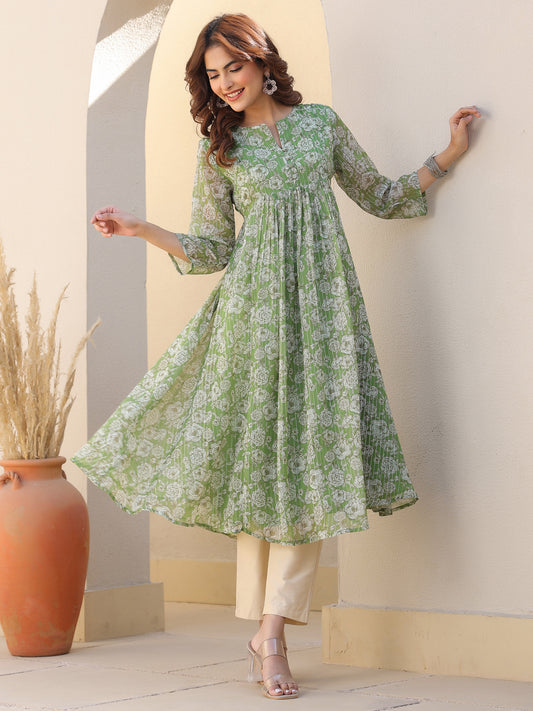 Green Chiffon Lurex Floral Printed A-line Kurta