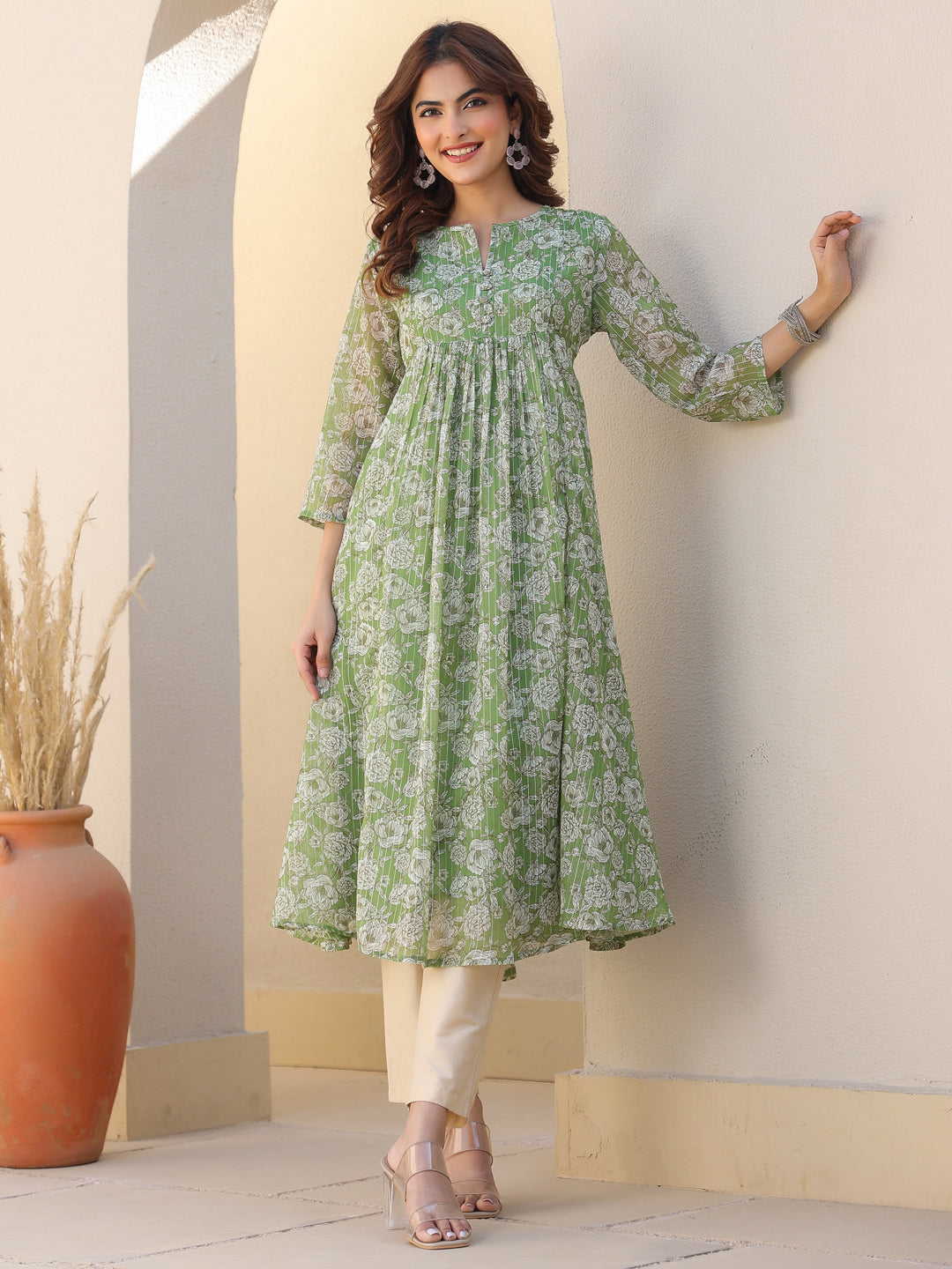 Green Chiffon Lurex Floral Printed A-line Kurta