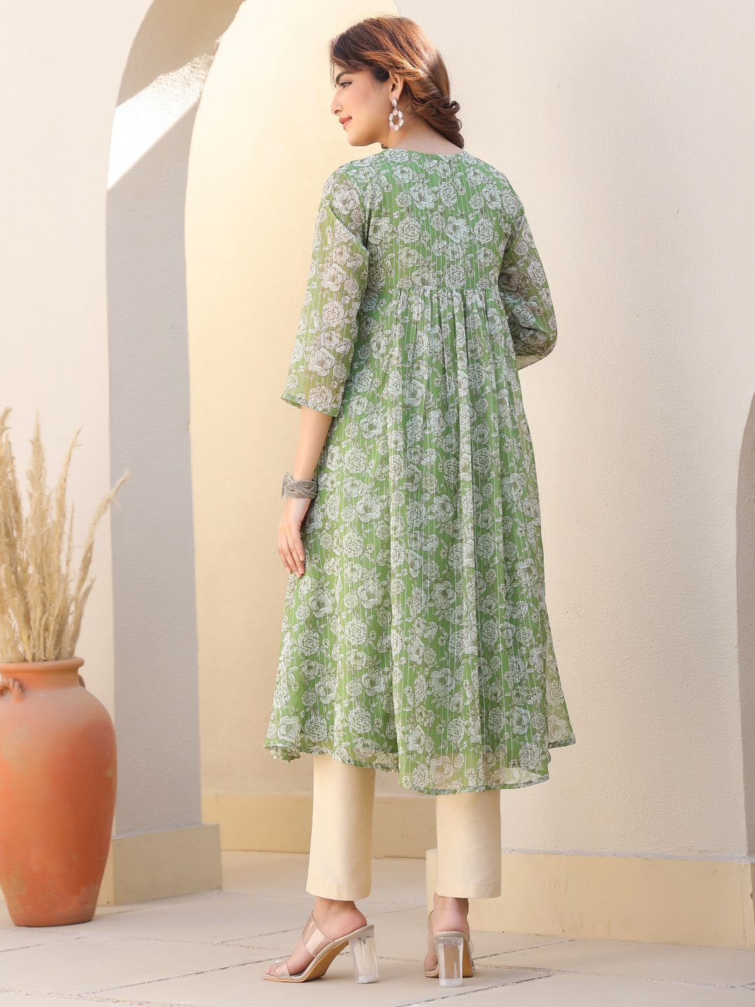 Green Chiffon Lurex Floral Printed A-line Kurta