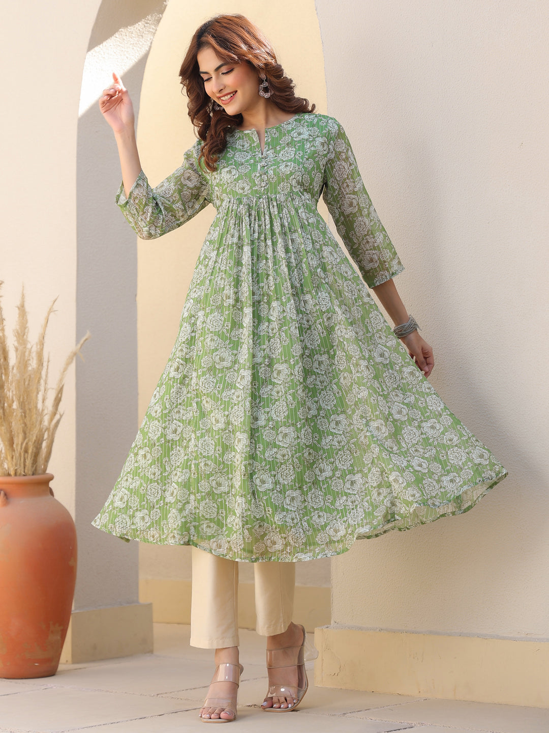 Green Chiffon Lurex Floral Printed A-line Kurta