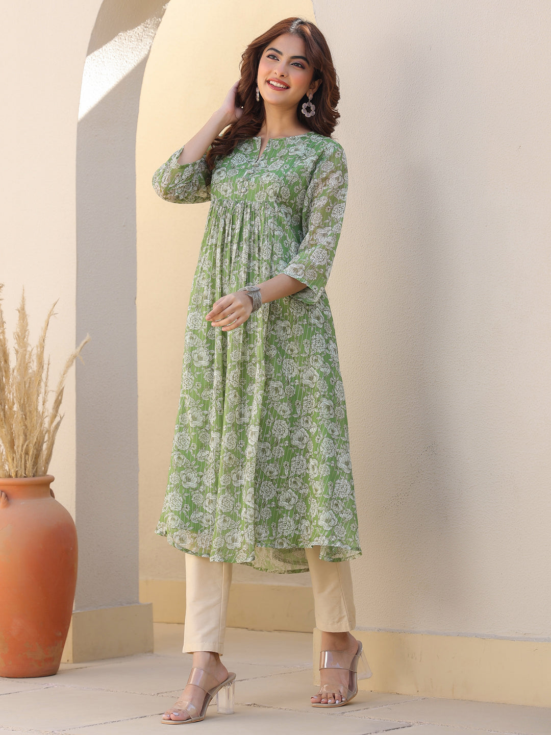 Green Chiffon Lurex Floral Printed A-line Kurta