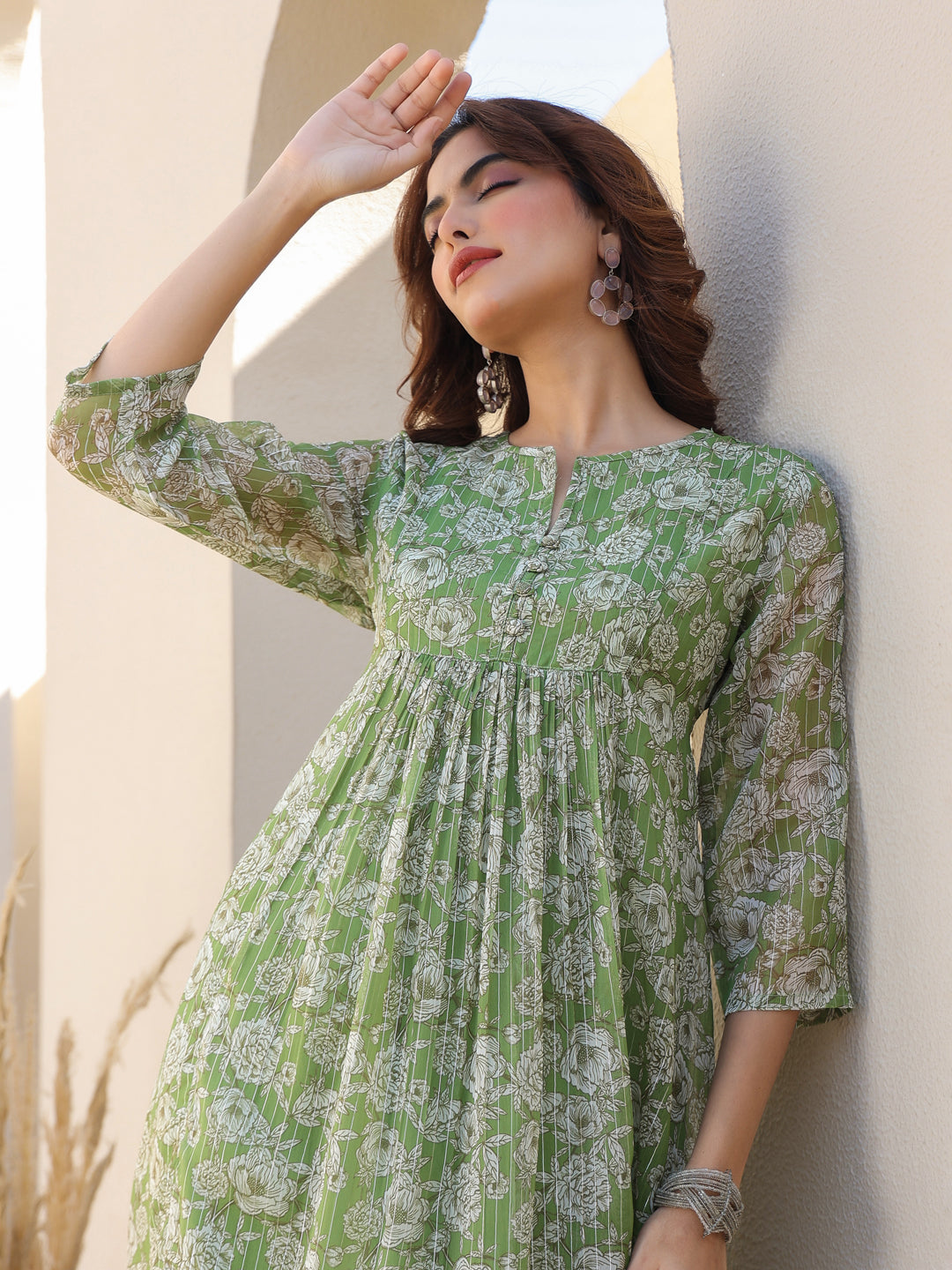 Green Chiffon Lurex Floral Printed A-line Kurta