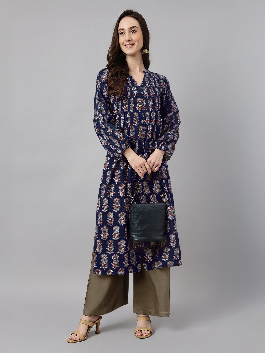 Navy Blue Pure Cotton Floral Printed A-line Kurta