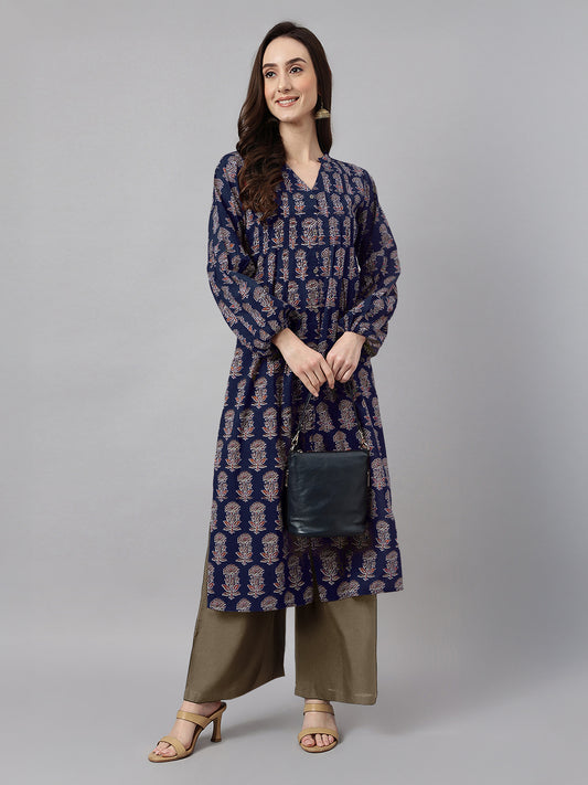 Navy Blue Pure Cotton Floral Printed A-line Kurta
