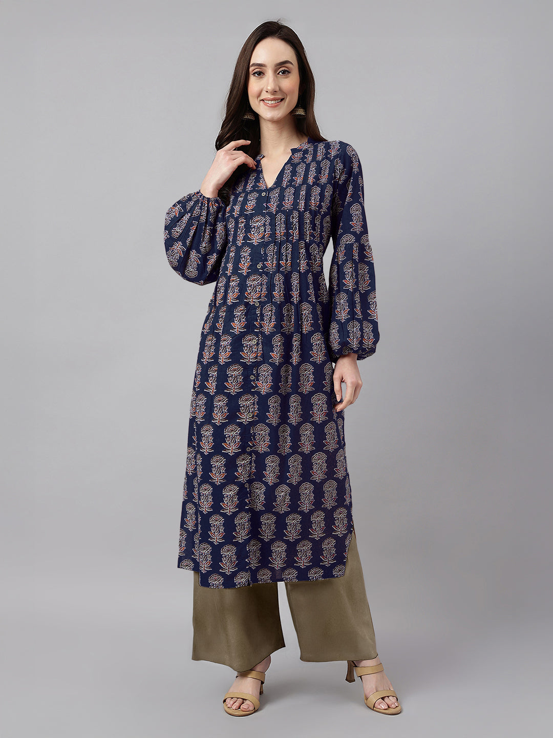 Navy Blue Pure Cotton Floral Printed A-line Kurta