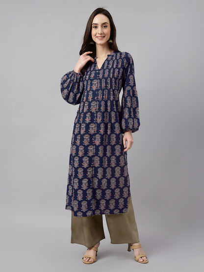 Navy Blue Pure Cotton Floral Printed A-line Kurta