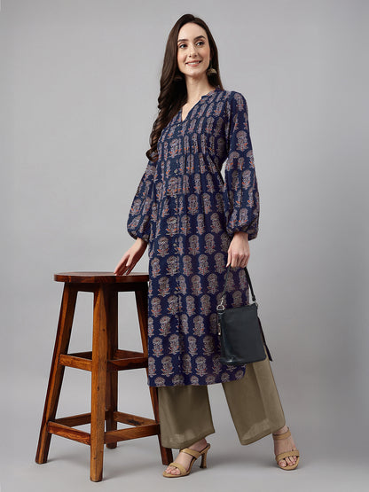 Navy Blue Pure Cotton Floral Printed A-line Kurta